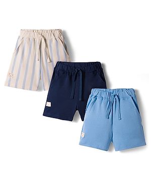 Bonfino 100% Cotton Knit Striped & Solid Shorts Pack of 3 - White Light Blue & Navy Blue