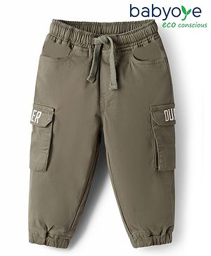 Babyoye Cotton Lycra Woven Solid Color Trousers with Cargo Pockets - Olive Green
