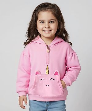 Babyhug Cotton Knit Full Drop Shoulder Sleeves Hooded Sweatshirt with Kangaroo Pocket & Unicorn Graphics - Pink