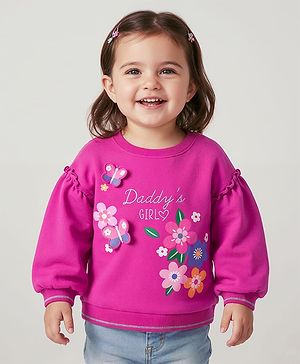 Babyhug Cotton Knit Full Drop Shoulder Volume Sleeves Sweatshirt with Floral Graphics & Butterfly Applique - Dark Pink