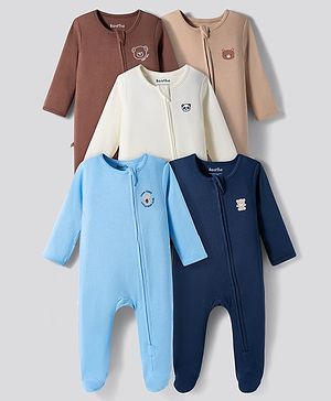 Bonfino Cotton Knit Full Sleeves Footed Sleepsuit With Animal Print Pack Of 5 - Multicolour