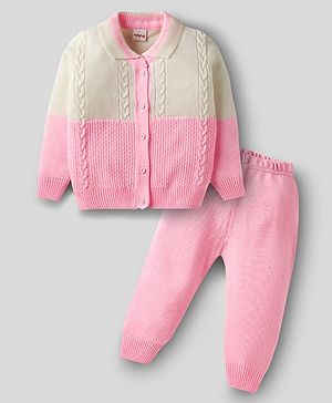 Babyhug Knit Full Sleeves Front Open Sweater Set With Cable Knit Design - Pink & White