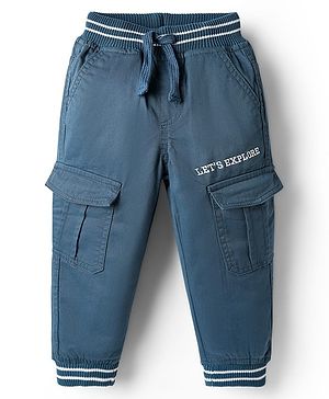 Babyhug Twill Woven Full Length Trouser Pant With Text Embriodery - Navy Blue