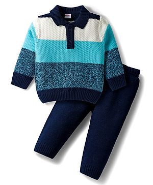 Babyhug Knitted Full Sleeves Pullover Sweater Set With Color Block Design - Multicolor