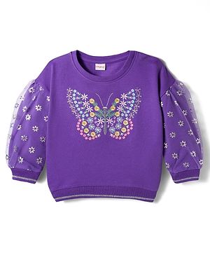 Babyhug Cotton Knit Full Sleeves Sweatshirt with Butterfly & Floral  Embroidery - Purple