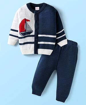 Babyhug Knit Full Sleeves Front Open Sweater Set With Nautical Theme Design - Navy Blue & White