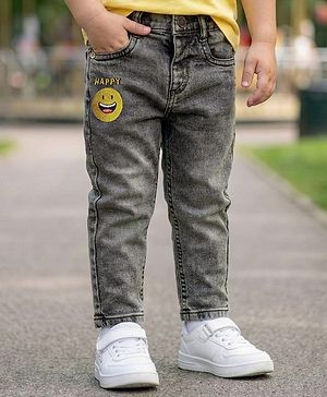 Babyhug Full Length Denim Washed Jeans with Stretch & Smiley Embroidery - Charcoal Grey
