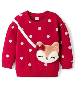 Babyhug Cotton Knit Full Sleeves Sweatshirt With Polka Dot Print & Animal Applique - Red