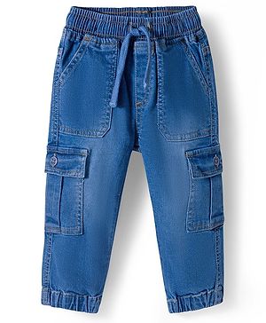Babyhug Full Length Denim Washed Jeans with Stretch & Cargo Pockets - Light Blue