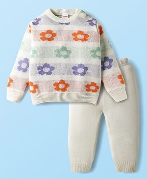 Babyhug Knitted Full Sleeves Sweater Set With Floral Design - White