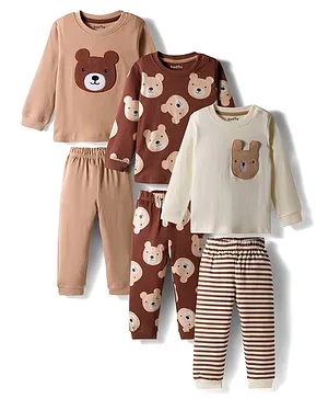 Bonfino 100% Cotton Knit Full Sleeves Night Suit With Animal Print & Embriodery Pack Of 3 - White Brown & Tan
