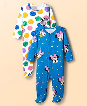 Babyhug Disney Interlock Knit Full Sleeves Footed Sleepsuit With Minnie Mouse Graphics Pack Of 2 - Blue & White