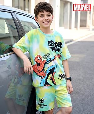Pine Kids Marvel Single Jersey Knit Half Sleeves Drop Shoulder Tie & Dye T-Shirt & Shorts Set with Spider Man Graphics - Multicolor