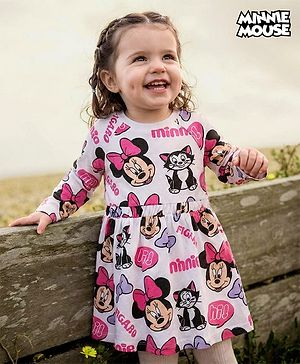 Babyhug Disney Single Jersey Knit Full Raglan Sleeves Frock With Minnie Mouse Print - White