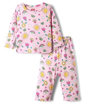 Babyhug Cotton Knit Full Sleeves Co-Ords Night Suit With Butterfly & Floral Print - Pink