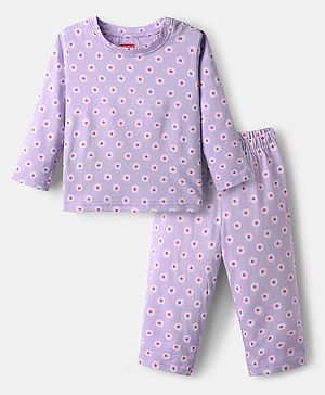 Babyhug Cotton Knit Full Sleeves Co-ords Night Suit with Floral Print - Lavender