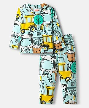Babyhug Cotton Knit Full Sleeves Co-ords Night Suit with Animal & Vehicle Print - Multicolor