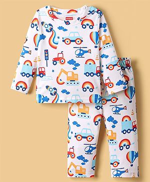 Babyhug Cotton Knit Full Sleeves Co-ords Night Suit with Vehicle Print - White