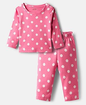 Babyhug Cotton Knit Full Sleeves Co-ords Night Suit with Polka Dot Print - Pink
