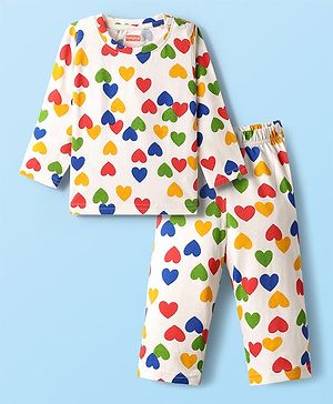 Babyhug Cotton Knit Full Sleeves Co-ords Night Suit with Heart Print - White