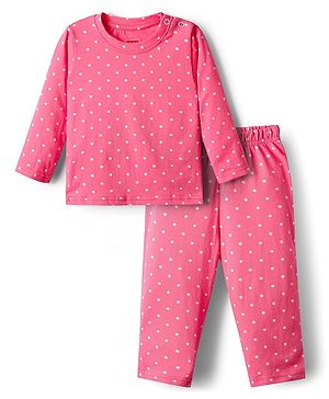 Babyhug Cotton Knit Full Sleeves Co-ords Night Suit with Polka Dot Print -Dark Pink