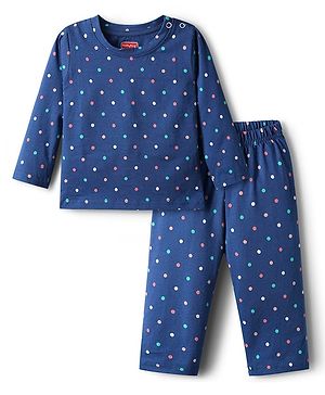 Babyhug Cotton Knit Full Sleeves Co-ords Night Suit with Polka Dot Print - Navy Blue