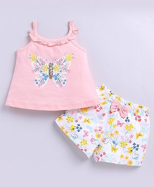 Snuggly MONKEY Cotton Jersey Knit Sleeveless Floral & Butterflies Printed Sequins Embellished Coordinating Top & Shorts Set - Light Peach