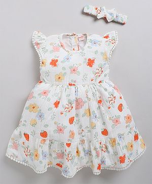 Snuggly MONKEY Seersucker Woven Cap Sleeves Floral Printed Lace Detailed Tiered Dress With Headband - Off White