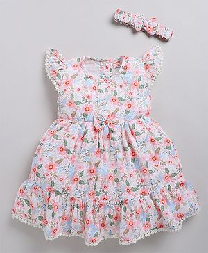 Snuggly MONKEY Seersucker Woven Cap Sleeves Floral Printed Lace Detailed Tiered Dress With Headband - White