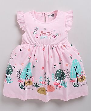 Snuggly MONKEY Cotton Jersey Frill Sleeves Pretty Girl Text Embroidered & Floral Printed Dress - Pink