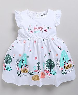 Snuggly MONKEY Cotton Jersey Frill Sleeves Pretty Girl Text Embroidered & Floral Printed Dress - White