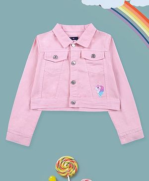 Kiddopanti Denim Woven Full Sleeves Unicorn Patch Embroidered & Sequins Embellished Crop Jacket - Pink