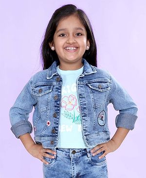 Kiddopanti Denim Woven Full Sleeves Cherry Blossom Embroidered Hello Japan Text Patch Detailed Jacket - Light Blue