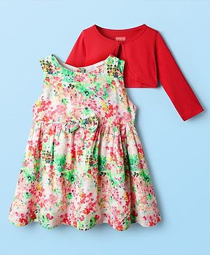 Babyhug Cotton Woven Full Sleeves Floral Printed Frock With Shrug & Bow Applique - Multi Colour