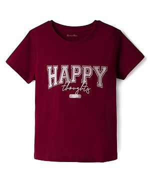 Kookie Kids Single Jersey Knit Half Sleeves T-Shirt with Happy Thoughts Printed Graphic - Maroon
