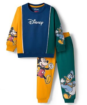 Babyhug Disney Full Sleeve Drop Shoulder Cut & Sew Sweatshirt & Track Pant Set with Mickey & Friends Graphic - Green Blue & Yellow