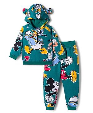 Babyhug Disney Terry Knit Full Sleeve Hooded T-Shirt and Jogger Set with Mickey & Friends and Ear Detailing - Dark Green