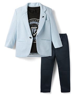 Dapper Dudes Full Sleeves Chevron Textured Blazer With Typography Printed Tee & Pant Set - Blue
