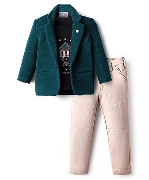 Dapper Dudes American Made Text Printed Tee & Trousers With Full Sleeves Blazer Set - Bottle Green