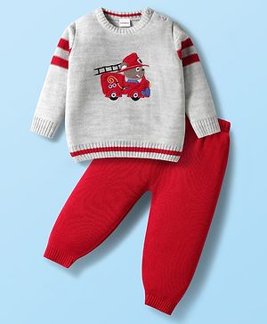 Babyhug Knit Full Raglan Sleeves Pullover Sweater Set with Patch Detailing - Red & Grey