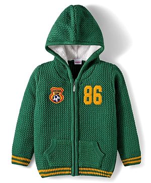 Babyhug Knit Full Sleeves Hooded Front Open Sweater with Patch Detailing & Kangaroo Pocket - Green