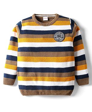 Babyhug Knitted Full Sleeves Striped Pullover Sweater With Patch Detailing - Mustard & Navy Blue