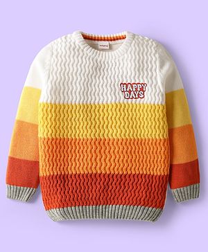 Babyhug Knitted Full Sleeves Pullover Sweater With Color Block Design & Text Embroidery - Multicolor