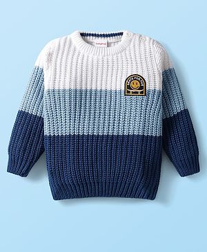 Babyhug Knit Full Sleeves Pullover Sweater with Cable Knit Design & Patch Detailing - Navy Blue & White