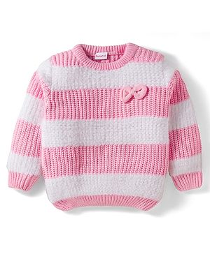 Babyhug Knit Full Sleeves Striped Pullover Sweater with Bow Applique - Pink & White