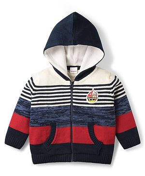 Babyhug Knit Full Sleeves Hooded Front Open Striped Sweater with Patch Detailing & Kangaroo Pocket - Navy Blue