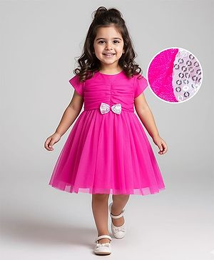 Babyhug Mesh Half Sleeves Solid Party Dress With Sequins Bow Applique - Fuchsia