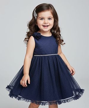 Babyhug Woven Sleeveless Mesh Party Dress with Glitter Print - Navy Blue