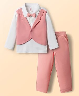 Babyhug Knit Full Sleeves Solid T-Shirt & Pant Set with Attached Waistcoat & Bow Applique - Pink