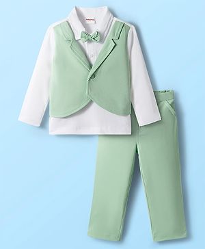 Babyhug Knit Full Sleeves Solid Polo Party T-Shirt & Trouser Set With Bow Applique & Attached Waistcoat - Mint Green & White